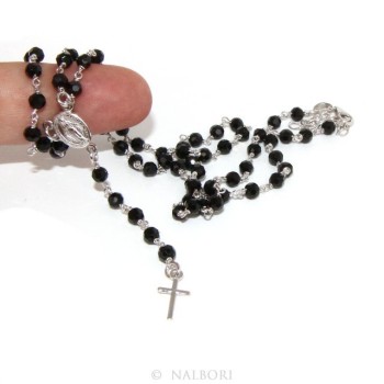 NSA|925 Silver Rosary Men's Necklace With Round Black Crystal 4mm Miraculous Madonna Cross 60 + 5