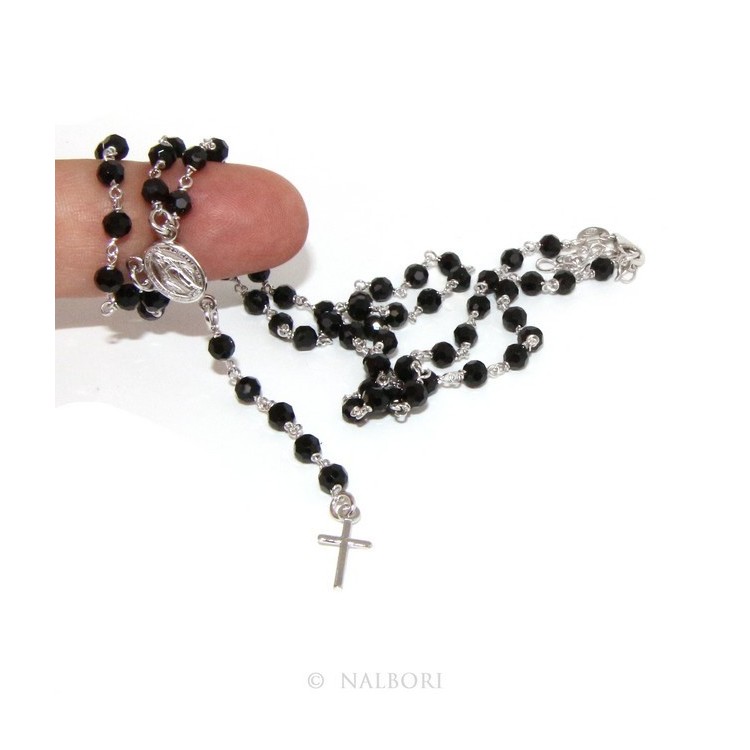 NSA|925 Silver Rosary Men's Necklace With Round Black Crystal 4mm Miraculous Madonna Cross 60 + 5