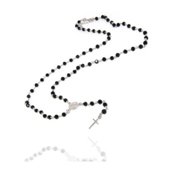 NSA|Collana Rosario uomo Argento 925 Con cristallo nero tondo 4mm croce madonna miracolosa 60+5