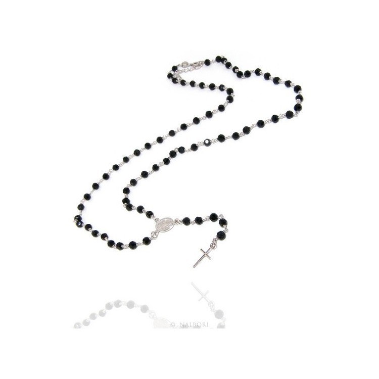 NSA|925 Silver Rosary Men's Necklace With Round Black Crystal 4mm Miraculous Madonna Cross 60 + 5
