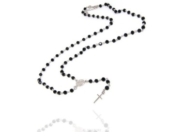 NSA|925 Silver Rosary Men's Necklace With Round Black Crystal 4mm Miraculous Madonna Cross 60 + 5