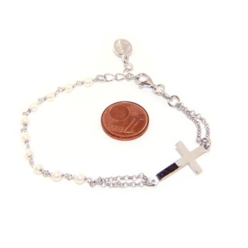NSA|Bracciale rosario donna in Argento 925 madonna miracolosa , croce convessa e perline 15,00 - 17,50 cm