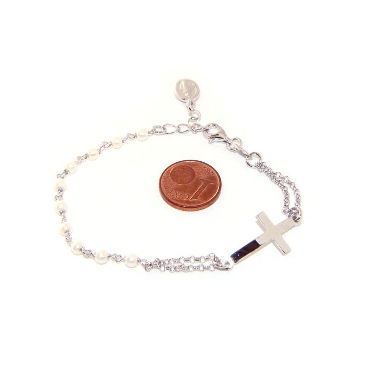 NSA|Bracciale rosario donna in Argento 925 madonna miracolosa , croce convessa e perline 15,00 - 17,50 cm