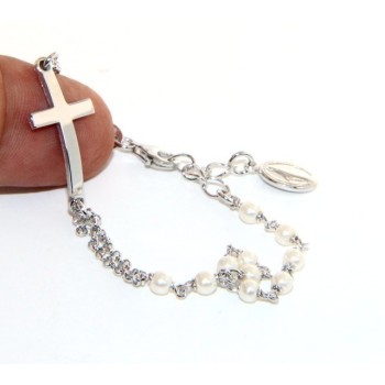 NSA|Bracciale rosario donna in Argento 925 madonna miracolosa , croce convessa e perline 15,00 - 17,50 cm