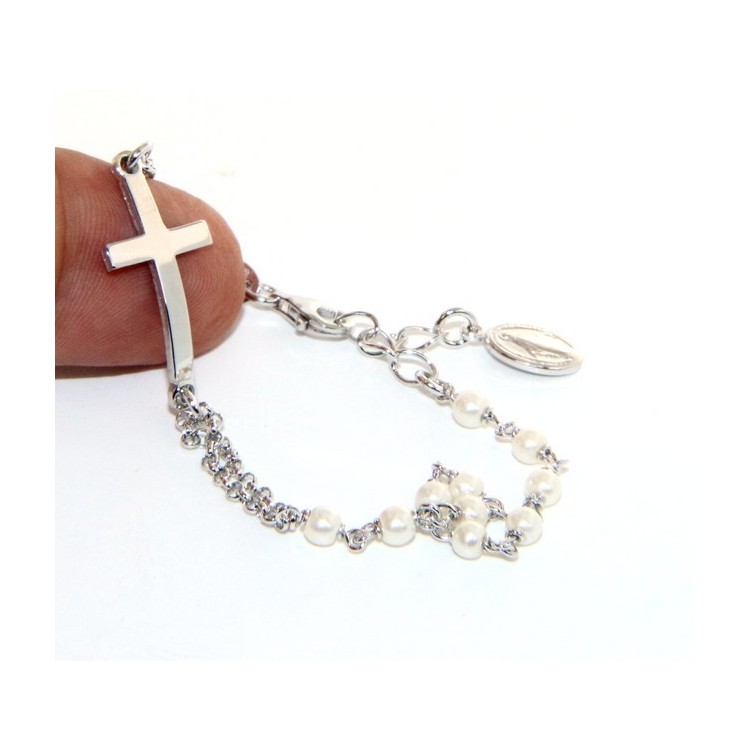 NSA|Bracciale rosario donna in Argento 925 madonna miracolosa , croce convessa e perline 15,00 - 17,50 cm