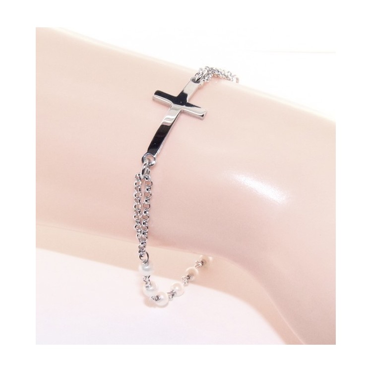 NSA|Bracciale rosario donna in Argento 925 madonna miracolosa , croce convessa e perline 15,00 - 17,50 cm