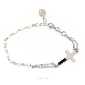 NSA|925 silver rosary bracelet Miraculous Madonna, Convex Cross and Beads 15.00 - 17.50 cm