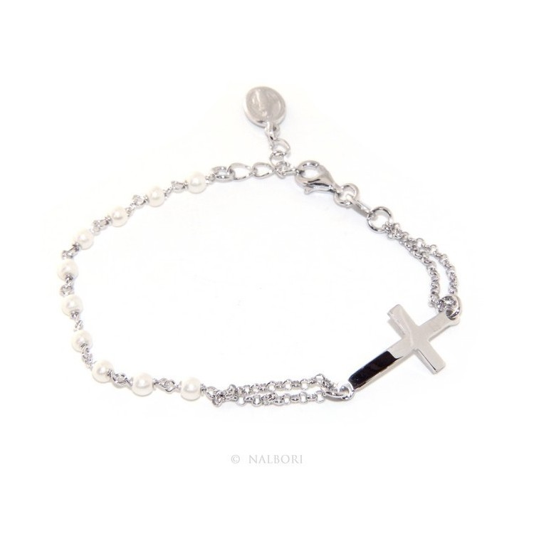 NSA|Bracciale rosario donna in Argento 925 madonna miracolosa , croce convessa e perline 15,00 - 17,50 cm