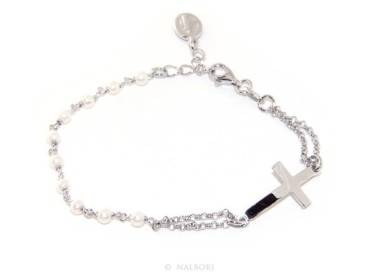 NSA|Bracciale rosario donna in Argento 925 madonna miracolosa , croce convessa e perline 15,00 - 17,50 cm