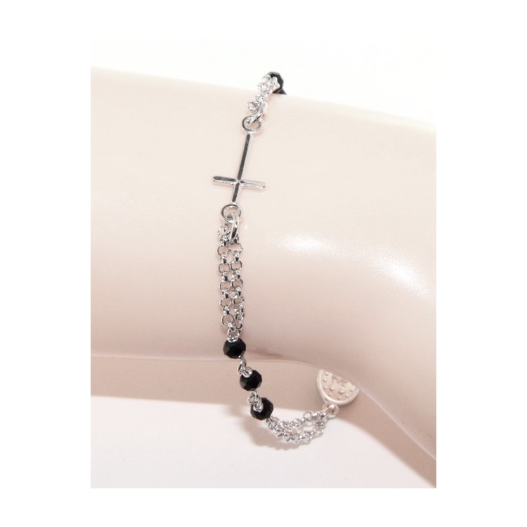 NSA|925 Silver Woman Woman Rosary Bracelet with Miraculous Madonna, Cross and Black Crystal 17.50 - 20.00