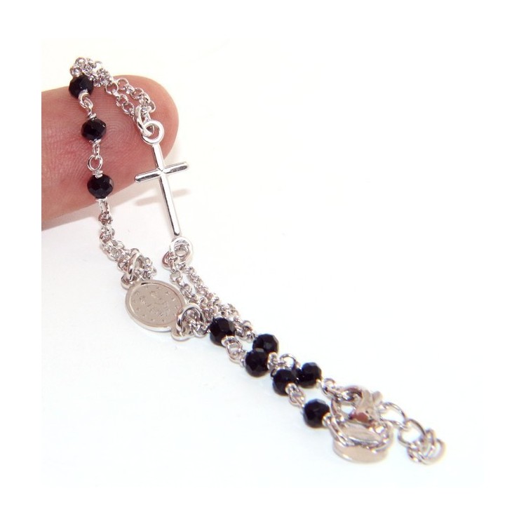 NSA|925 Silver Woman Woman Rosary Bracelet with Miraculous Madonna, Cross and Black Crystal 17.50 - 20.00