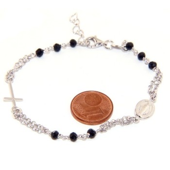 NSA|925 Silver Woman Woman Rosary Bracelet with Miraculous Madonna, Cross and Black Crystal 17.50 - 20.00