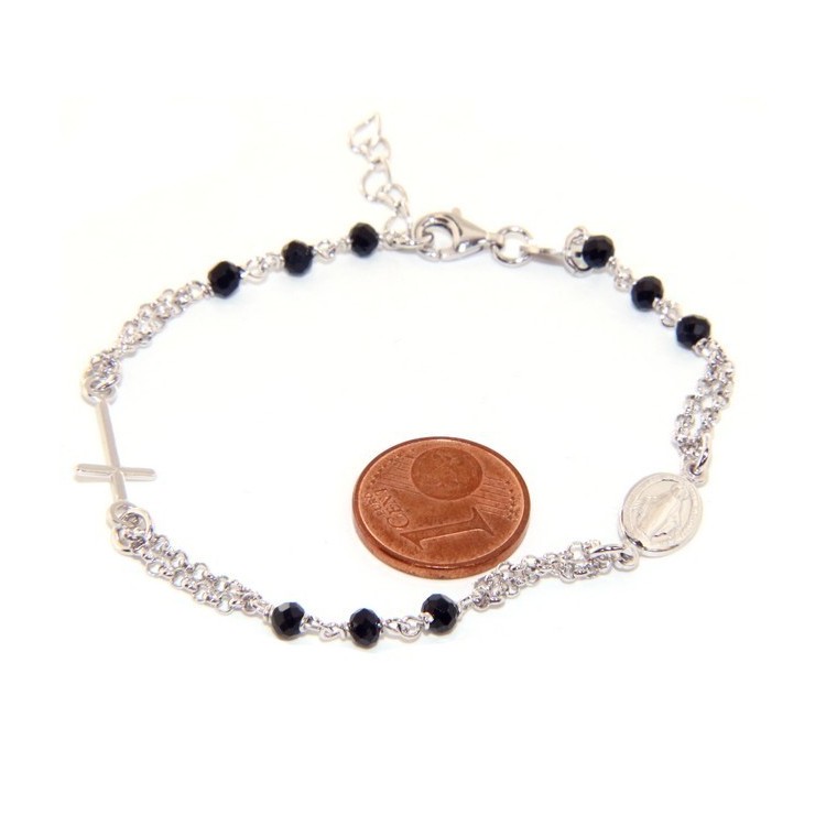 NSA|925 Silver Woman Woman Rosary Bracelet with Miraculous Madonna, Cross and Black Crystal 17.50 - 20.00