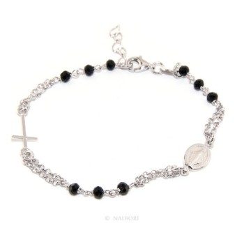 NSA|Bracciale rosario uomo donna in Argento 925 con madonna miracolosa , croce e cristallo nero 17,50 - 20,00