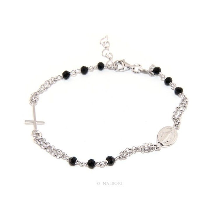 NSA|Bracciale rosario uomo donna in Argento 925 con madonna miracolosa , croce e cristallo nero 17,50 - 20,00