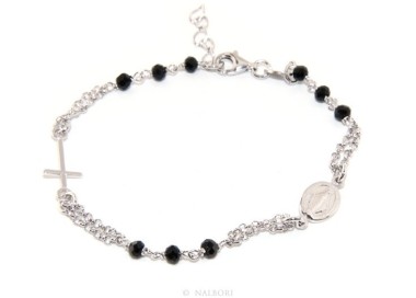 NSA|Bracciale rosario uomo donna in Argento 925 con madonna miracolosa , croce e cristallo nero 17,50 - 20,00