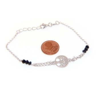 NSA|Bracciale argento 925 lavorazione a rosario cristallo nero Albero della Vita satinato centrale 15,50-18,50