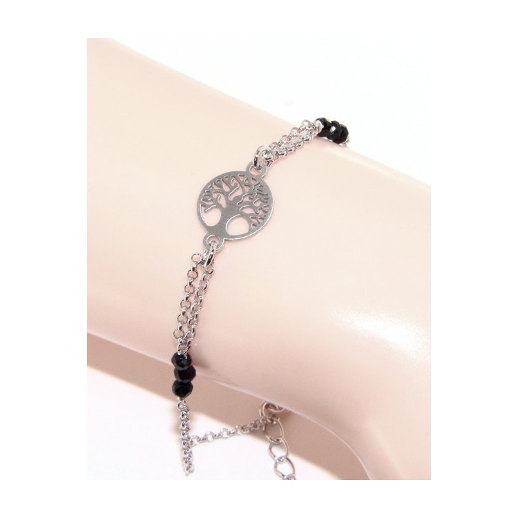 NSA|Man Woman Woman Bracelet Silver 925 Black Crystal Rosary Work with Life Tree 15.50-18.50 satin