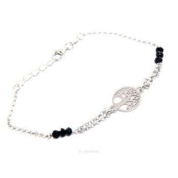 NSA|Man Woman Woman Bracelet Silver 925 Black Crystal Rosary Work with Life Tree 15.50-18.50 satin