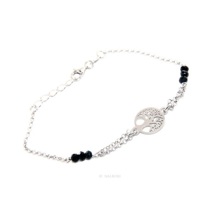 NSA|Man Woman Woman Bracelet Silver 925 Black Crystal Rosary Work with Life Tree 15.50-18.50 satin