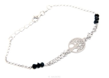 NSA|Bracciale argento 925 lavorazione a rosario cristallo nero Albero della Vita satinato centrale 15,50-18,50