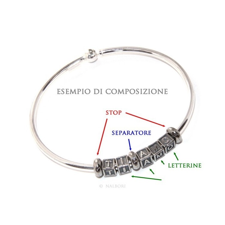 NSA|ARGENTO 925 : CHARME letterine cubetti e stop per Bracciale serie Nalbori componibili