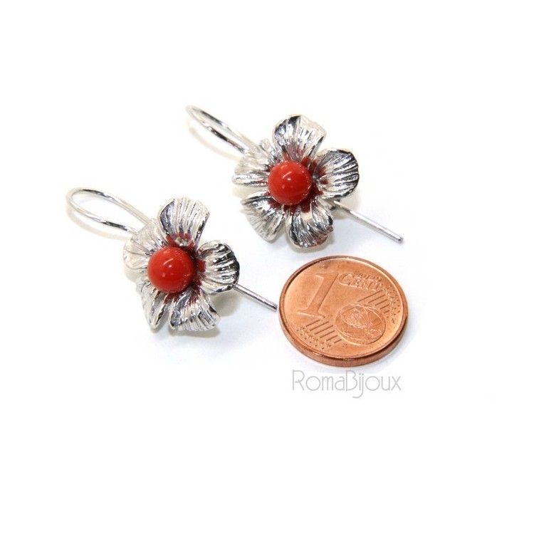 NSA|Silver 925 Sterling Pearl Ball Calibrating Natural Red Coral and Flower