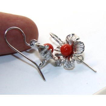NSA|Silver 925 Sterling Pearl Ball Calibrating Natural Red Coral and Flower