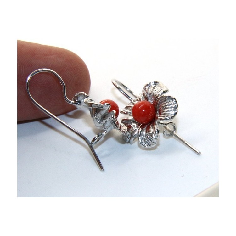 NSA|Silver 925 Sterling Pearl Ball Calibrating Natural Red Coral and Flower