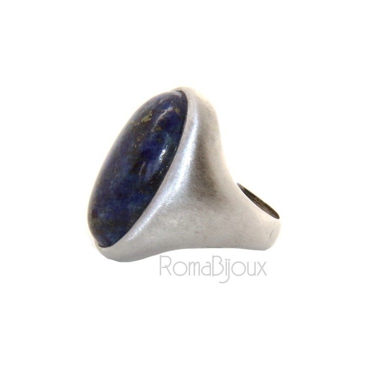 NSA|Silver 925 Satin Solid: Oval woman's ring with large blue natural night lapis size 16