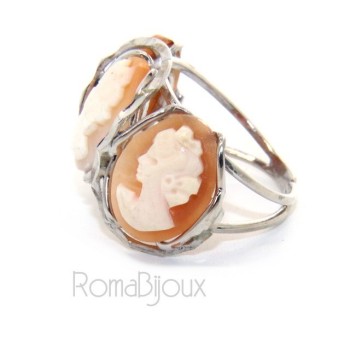 NSA|Argento 925 : Anello donna aperto battuto trilogy cammeo volto donna tris cammei regolabile
