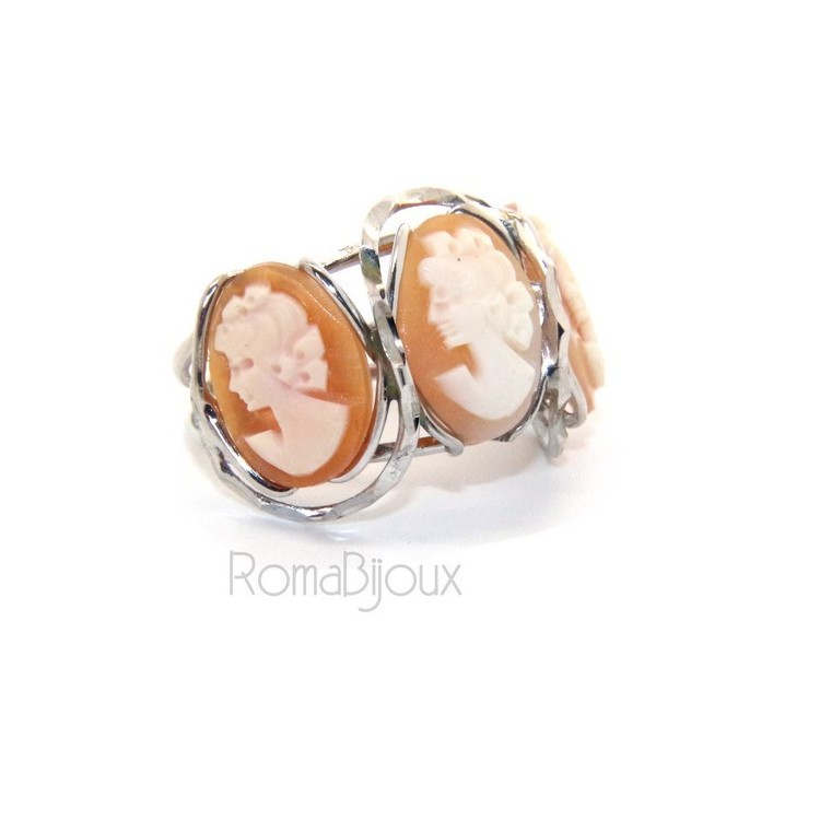 NSA|Argento 925 : Anello donna aperto battuto trilogy cammeo volto donna tris cammei regolabile