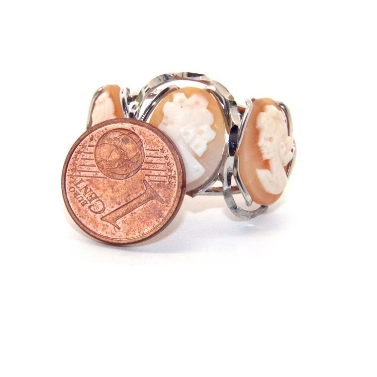 NSA|Argento 925 : Anello donna aperto battuto trilogy cammeo volto donna tris cammei regolabile