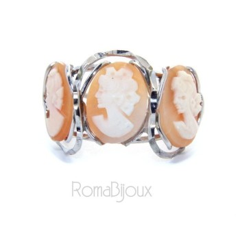 NSA|Argento 925 : Anello donna aperto battuto trilogy cammeo volto donna tris cammei regolabile