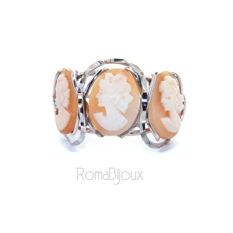 NSA|Argento 925 : Anello donna aperto battuto trilogy cammeo volto donna tris cammei regolabile