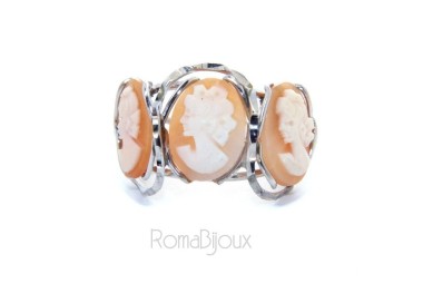 NSA|Argento 925 : Anello donna aperto battuto trilogy cammeo volto donna tris cammei regolabile