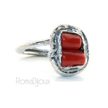 NSA|Argento 925 : Anello donna regolabile realizzato a mano barilotti corallo rosso intenso naturale