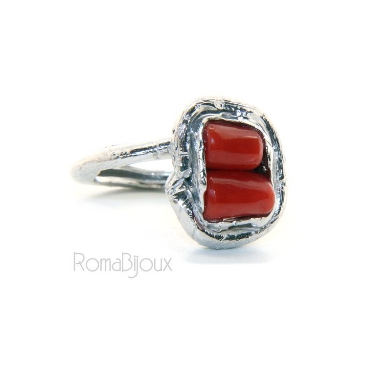 NSA|Silver 925: Women's adjustable hand ring made of natural intense red coral barrels
