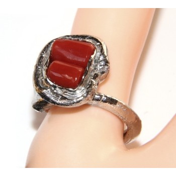 NSA|Silver 925: Women's adjustable hand ring made of natural intense red coral barrels