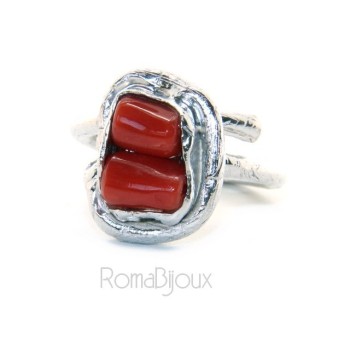 NSA|Argento 925 : Anello donna regolabile realizzato a mano barilotti corallo rosso intenso naturale
