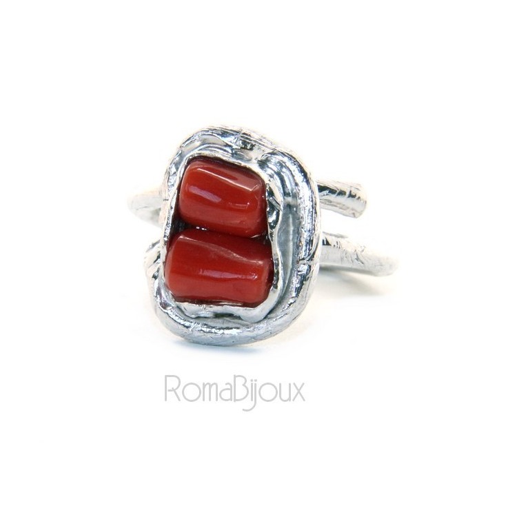 NSA|Silver 925: Women's adjustable hand ring made of natural intense red coral barrels