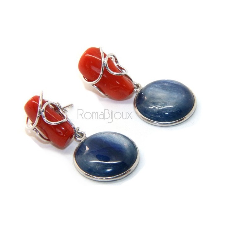 NSA|925 Sterling silver earrings with natural red coral and blue cyanite disc.
