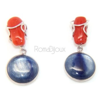NSA|925 Sterling silver earrings with natural red coral and blue cyanite disc.