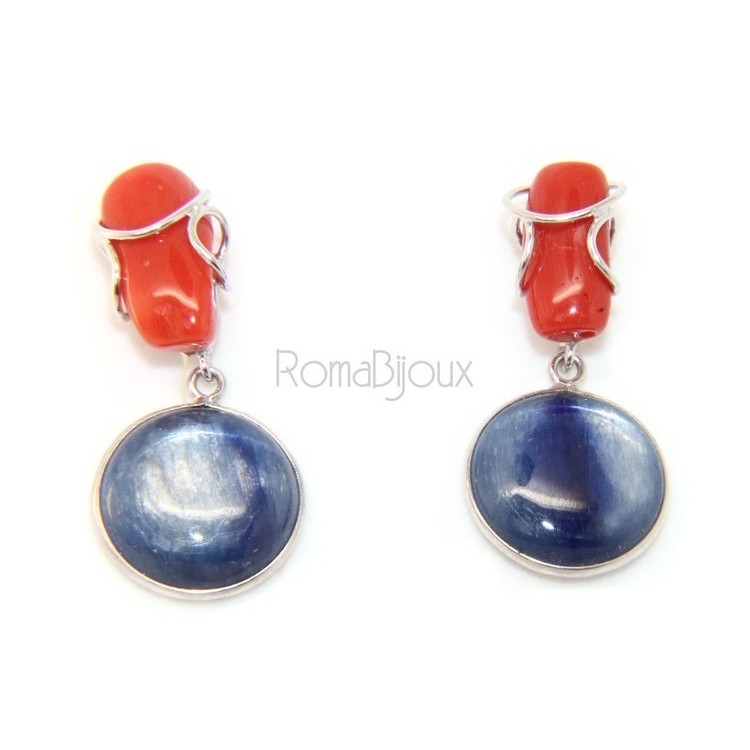 NSA|925 Sterling silver earrings with natural red coral and blue cyanite disc.