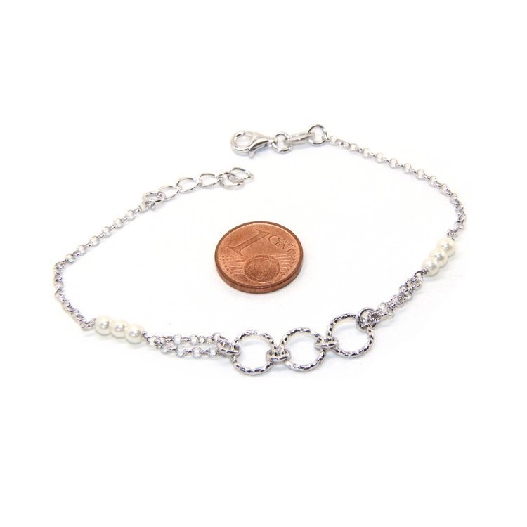 NSA|Bracciale uomo donna ragazzo Argento 925 lavorazione a rosario perle bianco con cerchi diamantati 16,50-19,50 cm