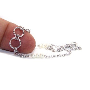 NSA|Bracciale uomo donna ragazzo Argento 925 lavorazione a rosario perle bianco con cerchi diamantati 16,50-19,50 cm