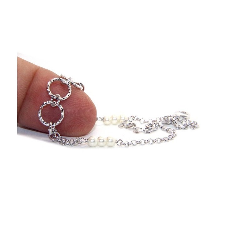 NSA|Bracciale uomo donna ragazzo Argento 925 lavorazione a rosario perle bianco con cerchi diamantati 16,50-19,50 cm