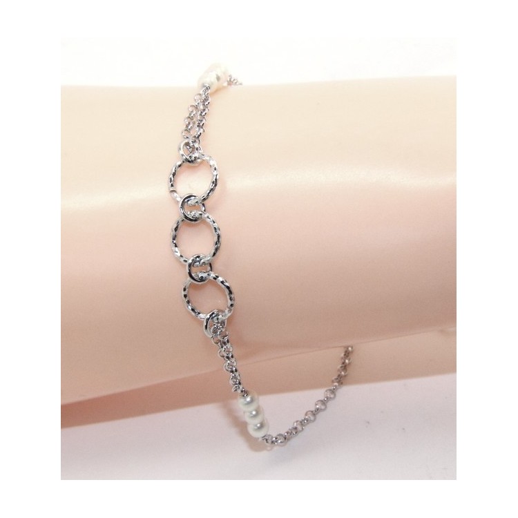 NSA|Bracciale uomo donna ragazzo Argento 925 lavorazione a rosario perle bianco con cerchi diamantati 16,50-19,50 cm