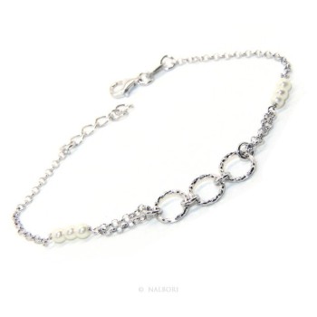 NSA|Men's Bracelet Men's Boy Silver 925 Rosary Handmade White Pearls With Diamond Circles 16.50-19.50 cm