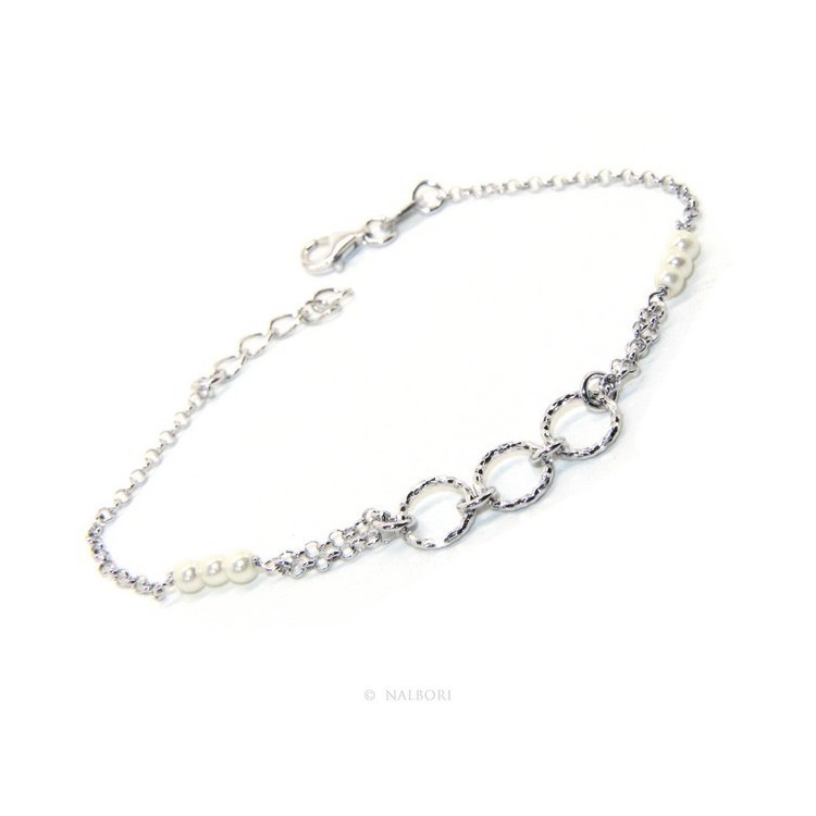 NSA|Bracciale uomo donna ragazzo Argento 925 lavorazione a rosario perle bianco con cerchi diamantati 16,50-19,50 cm
